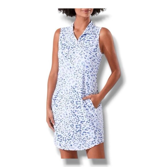 Tommy Bahama Island Zone Sleeveless Dress UPF 30 Blue White Animal Print Size L - Picture 1 of 14